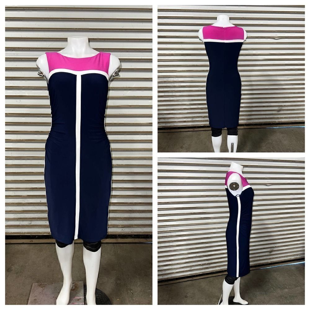 Ralph Lauren Dress Career Sheath Color block ruched pink, blue sleeveless
